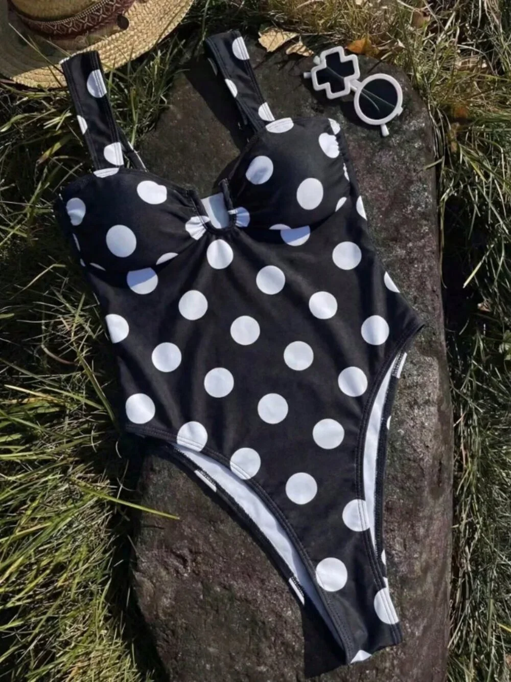 Multicolor Elegant Women's French Polka Dot One-Piece Swimsuit